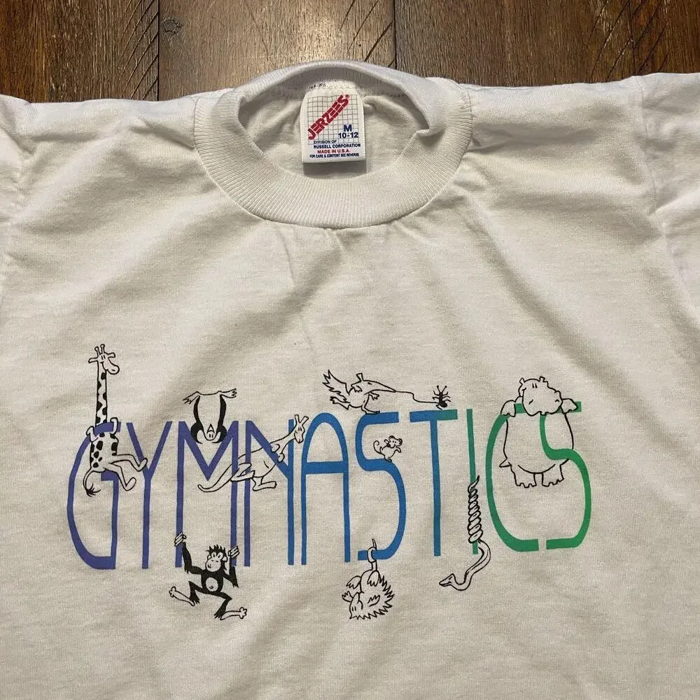 Vintage Gymnastics Shirt Youth Medium 10-12 White Cartoon Animals Made USA 90s